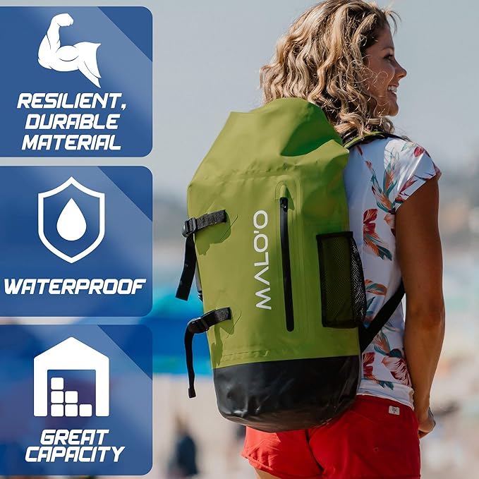 Malo'o 45L Waterproof Heavy Duty Backpack Dry Bags for Kayaking, Camping, Fishing, Hiking Daypack - Beach Accessories, Boat accessories, and Travel Gear - Fishing Rod Case Straps (Green)