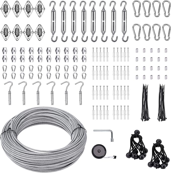 Shade Sail Hardware Kit 6 inch with 131FT 1/8" Wire Rope Kit for Triangle Rectangle Sun Shade Sail Outdoor Installation turnbuckles for Cables Wire for Outdoor,Garden,Kitchen,Craft,243PCS