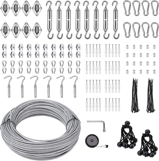 Shade Sail Hardware Kit 6 inch with 131FT 1/8" Wire Rope Kit for Triangle Rectangle Sun Shade Sail Outdoor Installation turnbuckles for Cables Wire for Outdoor,Garden,Kitchen,Craft,243PCS