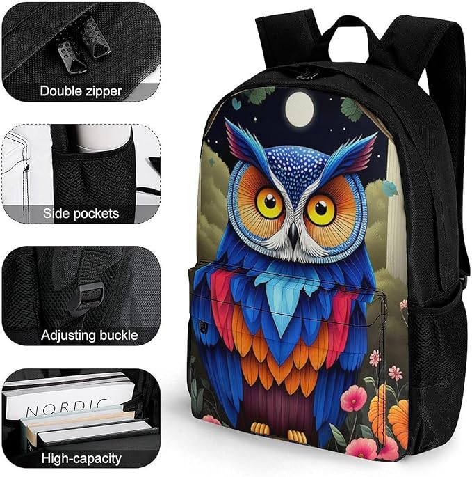 Supdreamc Lightweight Rucksack for Sports Travel Running, Big Capacity Multipurpose Anti-Theft Bookbag, Trippy Owl Red Floral Moon Art Travel and Sport Backpack Rucksack