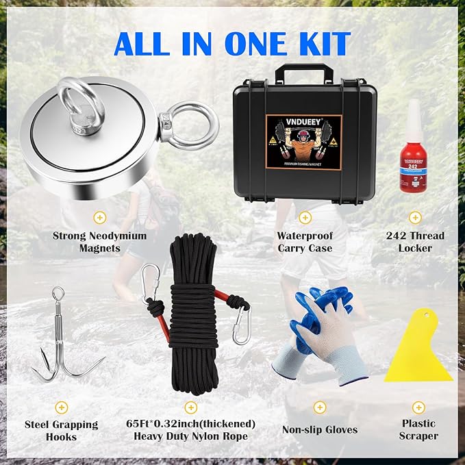 VNDUEEY Magnet Fishing Kit - 2625 Lbs Heavy Duty with 65FT Rope, Grappling Hook, Gloves, Strong Neodymium Magnet for Retrieving in River and Lake