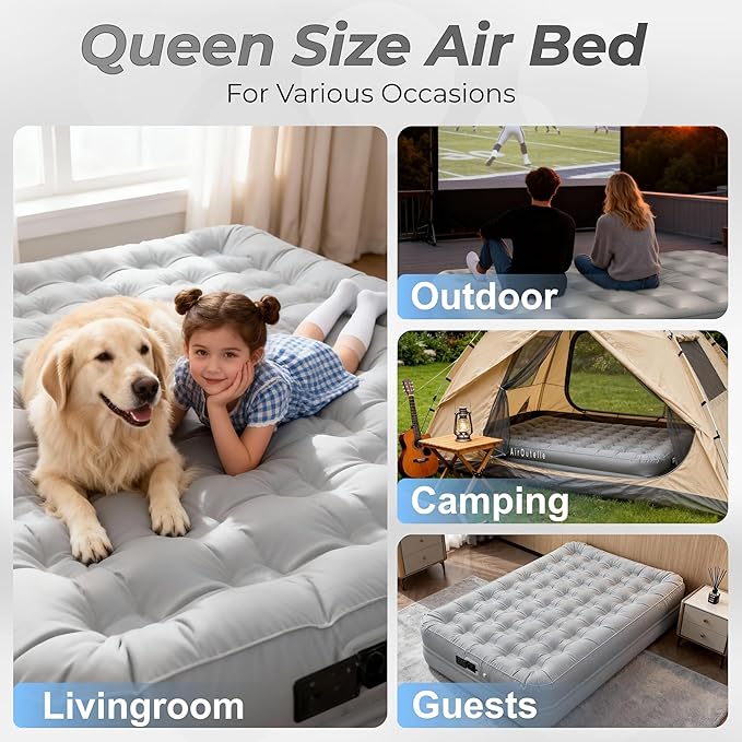 Queen Air Mattress with Built-in Pump - 3 Min Fast Inflation, 18" Portable Foldable Air Bed, 650lbs Capacity w/Rechargeable Battery, Plush Pongee Fabric for Camping & Guest Room (Gray)
