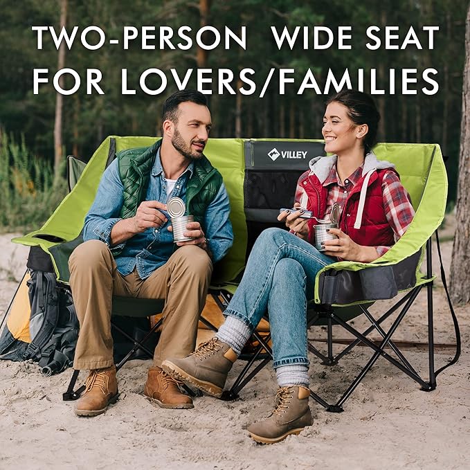 VILLEY Double Camping Chair w/Cooler Bag, Extra Wide Loveseat, Heavy Duty Padded Camping Couch, Portable Folding Chair w/Carry Bag Steel Frame Cup Holders for Camp Lawn Picnic Sports, Support 600LBS