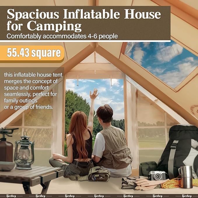 Inflatable Tent for Camping, 4-6 Person Glamping Air Tents, Easy Setup 4 Season Luxury Cabin, Waterproof & Windproof Inflatable House Tent with Panoramic View Windows