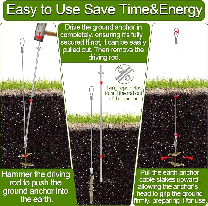 Earth Anchors for Trapping with Drive Rod Tool, 35" x 1/8" Galvanized Cable for Securing Camping Tents, Swing Set, Green House, (12 Pack) Double Layer Ground Earth Anchors for Sheds