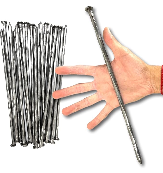 50 Pack Round Metal Landscape & Paver Edging Anchoring Stake, 12-Inch Length - Spiral Bright Spike Timber Nail, Tent Spikes, Camping, Trapping, Landscape, More (50)