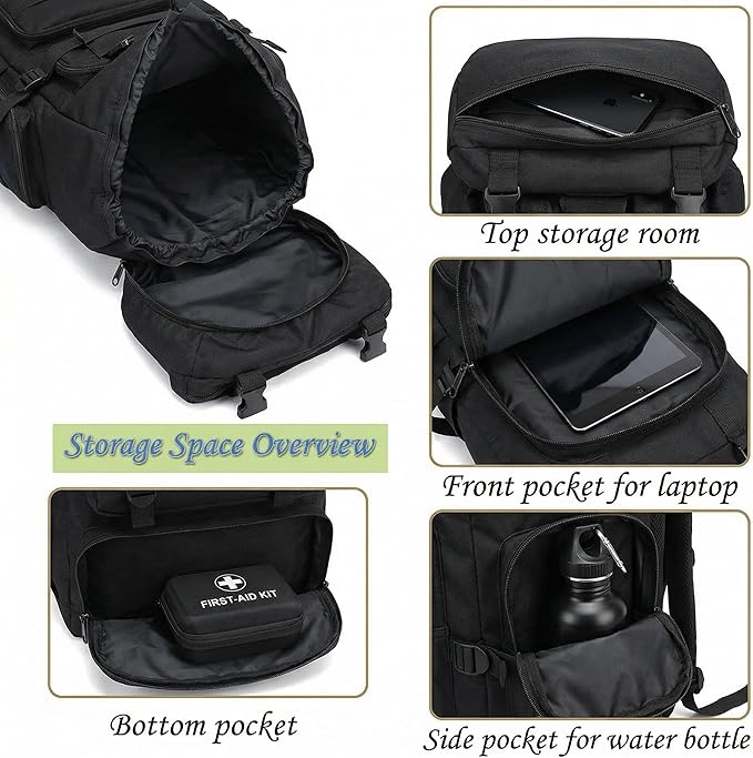 70L Hiking Backpack for Men, Waterproof Lightweight Camping Backpack, Military Rucksack with Molle, 3-Day Assault Pack for Travel, Climbing, Outdoor Sports(Black)