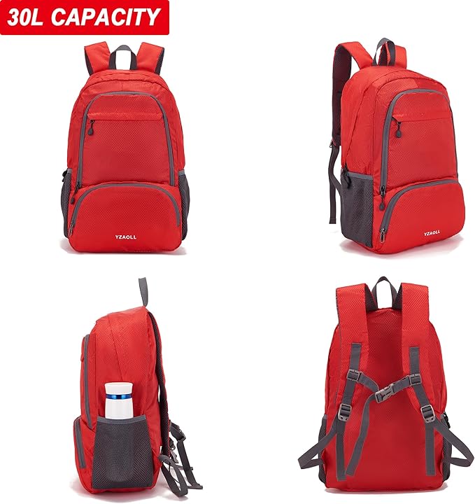YZAOLL 30L Hiking Backpack Lightweight Day Packs, Packable Backpack for Women Men Travel Camping Vacation,Burgundy