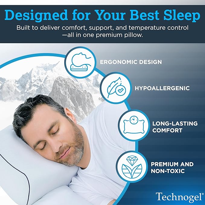 Technogel Contour Pillow with Cooling Gel – Ergonomic Neck, Shoulder and Cervical Support – Memory Foam with Temperature Regulation – for Back, Side Sleeper - Dual Heights Design, (4" & 4.5")