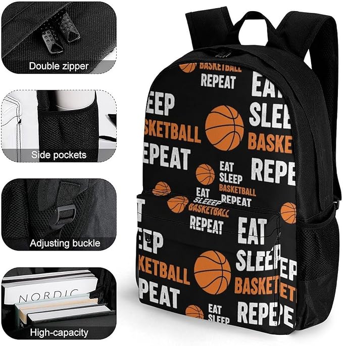 Casual College Daypack Eat Sleep Basketball Repeat Multipurpose Business Travel with Large Capacity Rucksack for Men Women