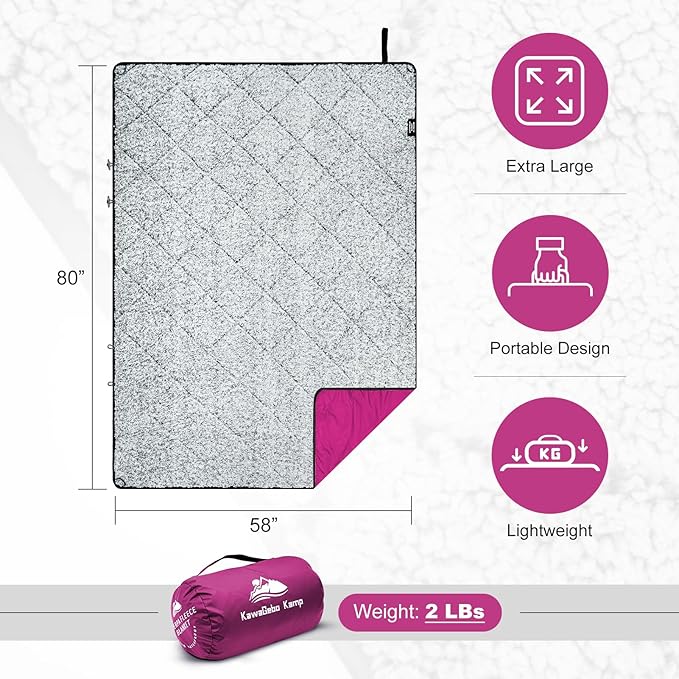 Sherpa Warm Outdoor Camping Blanket - Waterproof Stadium Blanket for Cold Weather, Camp, Sports Mom and Concert - Camping Quilt 80" X 58" (Rose Purple)