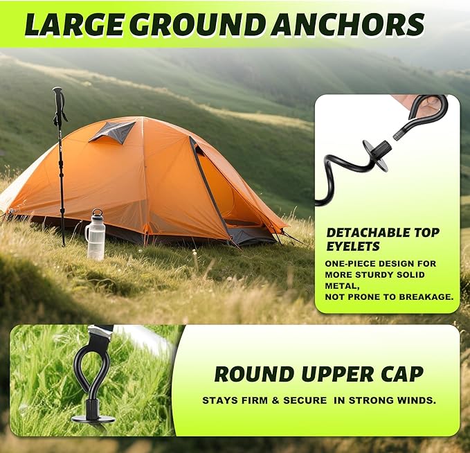 Trampoline Stakes 4 Pack, Spiral Ground Anchors Screw in, Swing Set Anchors, Earth Anchor Ground Stakes Heavy Duty with Straps for CarPorts, Sheds, Tents, Swing Sets, Camping, Mobile Home