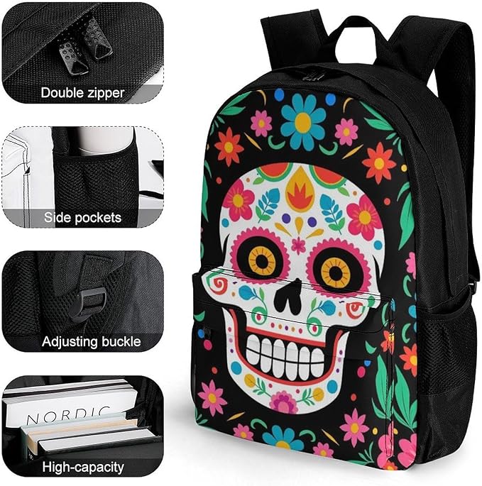 Supdreamc Daypack Anti-Theft Multipurpose Large Capacity Shoulder Bag, Mexican Day Of Dead Flower Traditional Sugar Skull Travel Hiking Camping Rucksack With Smooth Zippers