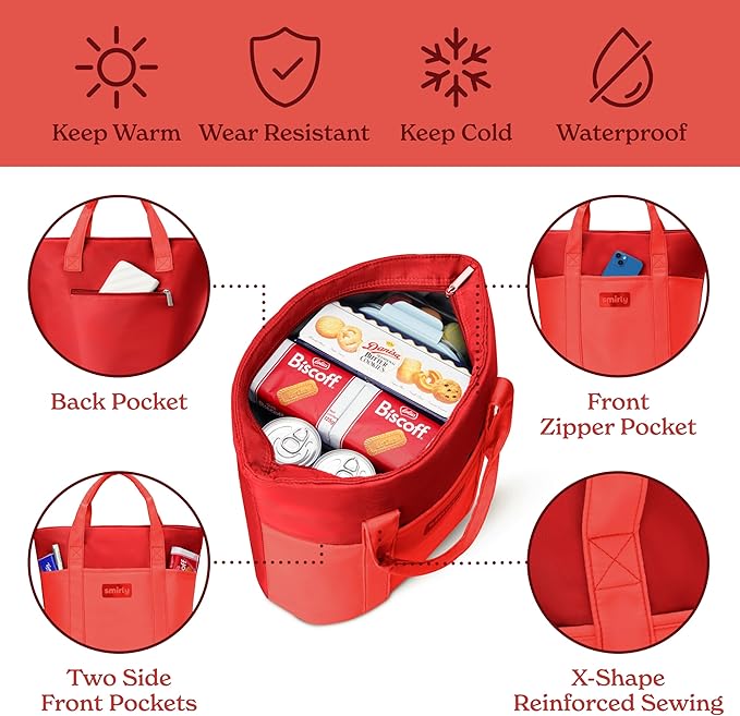 SMIRLY Large Insulated Cooler Bag, Thermal Insulated Grocery Bags, Collapsible Cooler Tote for Travel,Beach or Picnic