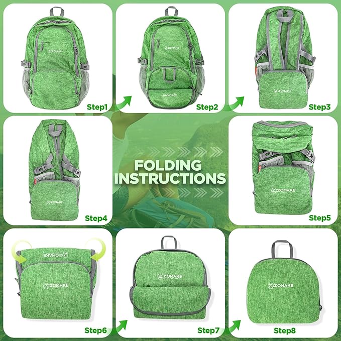 ZOMAKE Ultra Lightweight Packable Backpack 25L,Small Foldable Backpacks Hiking Water Resistant Collapsible Daypack for Women Men(Dark Green-A3)