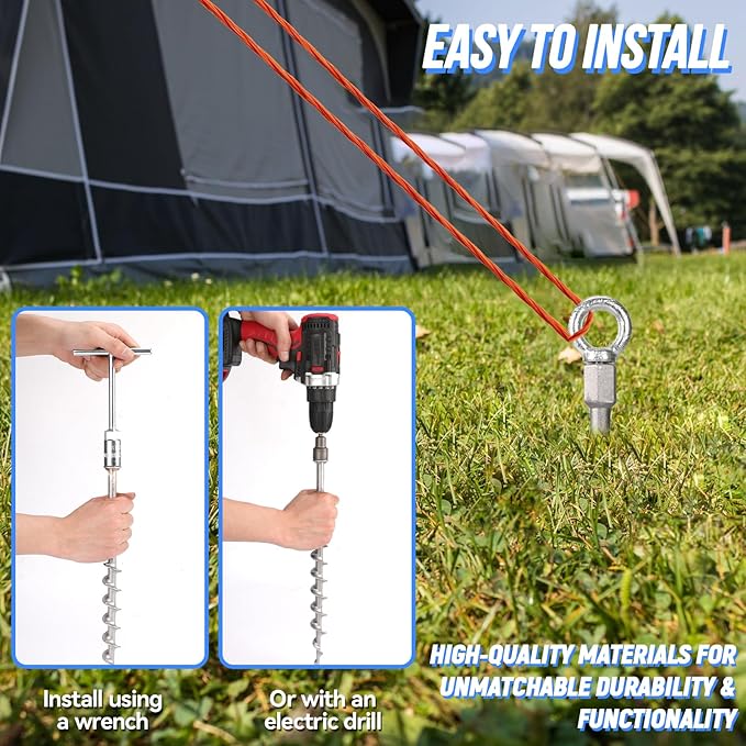 4 Pcs 14" Ground Anchors Screw in Non-Rust Cast Aluminum Detachable Tent Stakes for Camping Tents, Sand, Trampoline, Swing Sets and Sheds