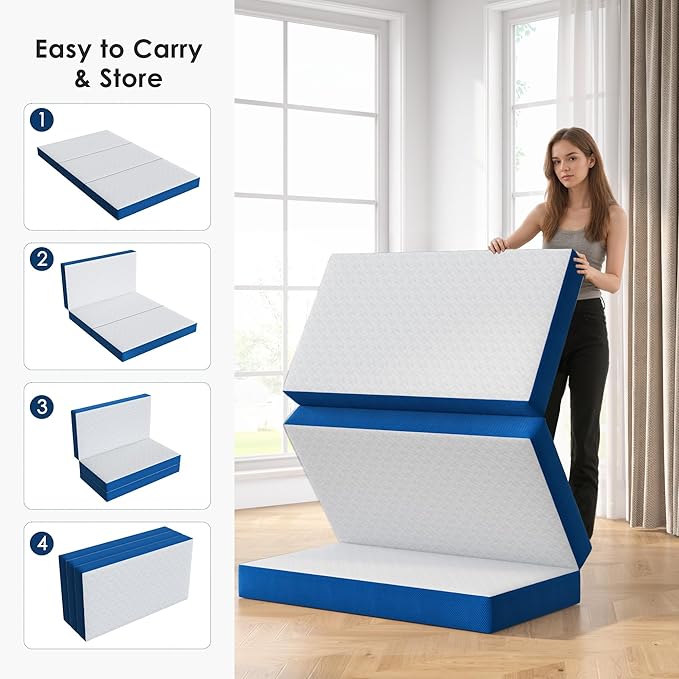 6 Inch Tri-Fold Mattress Queen Size, Portable Memory Foam Guest Bed with CertiPUR-US Certified Cooling Gel & Washable Cover, Folding Mattress for Camping, Dorm, RV & Living Room