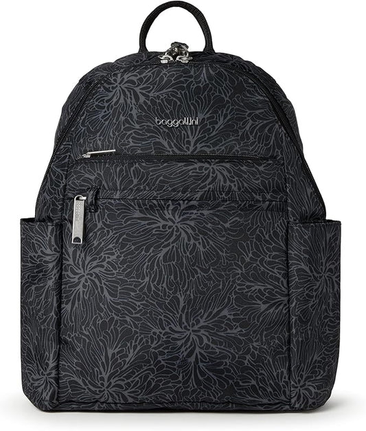 Baggallini Securtex® Anti-theft Vacation Travel Backpack 10x13 Slash-Resistant Nylon Daypack w/RFID, Midnight Blossom