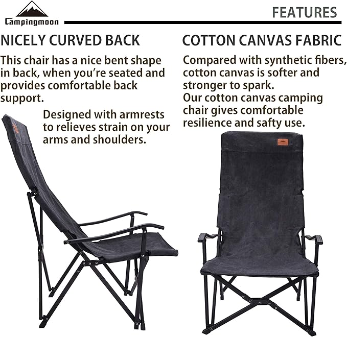 CAMPINGMOON Foldable Cotton Canvas Camping Chair Campfire High Back Low Style Relaxing Chair Black F-1002C-BK