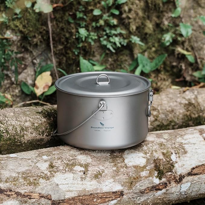 Boundless Voyage Titanium Hanging Pot for Outdoor Camping Backpacking Hiking Ultralight Portable Cooking Pot Camp Kitchen Cookware 1300ML/1950ML/2900ML