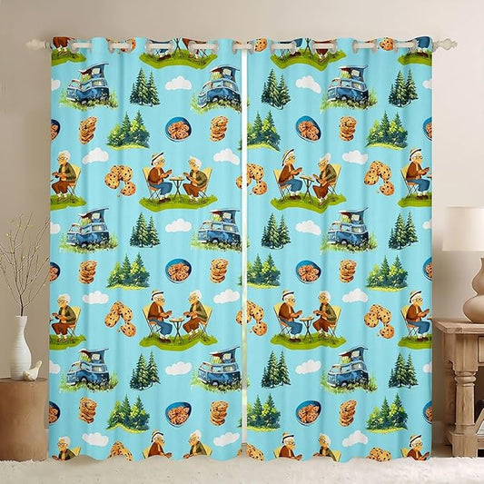 Camper RV Trailer Blackout Curtains,Cloud Pine Tree Rustic Farmhouse Blackout Curtains,Picnic Happy Camping Holiday Boys Girls Room Decor,Blue Green 2 Panels,52Wx84L inch
