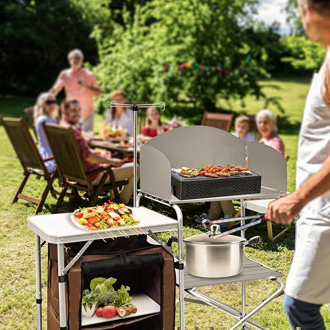 Camp Kitchen Table with Storage Organizer, Outdoor Cooking Table, Grill Tables for Outdoor,Portable Aluminum Windscreen Hooks for BBQ, Party (White)