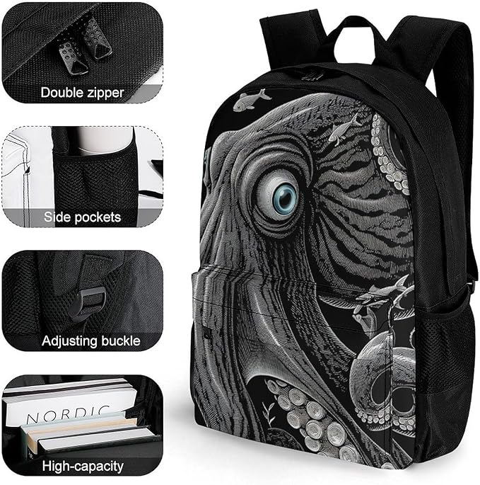 Supdreamc Polyester Daypack for Hiking Work Running, Big Capacity Anti-Theft Multipurpose Shoulder Bag, Giant Squid Octopus Art Travel and Sport Backpack Rucksack