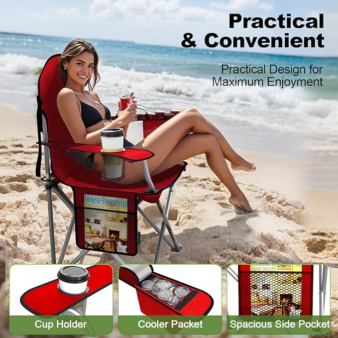 Folding Camping Chairs Durable 600D Oxford, Portable Outdoor Chair with Cooler Pouch, Cup Holder & Storage Pocket for Camping, Beach, Fishing
