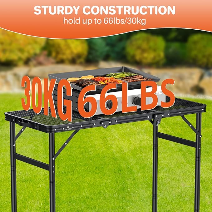 FUNYKICH 3ft Folding Grill Table for Outside 35.4''x15.7'', Max Height 29.4'' Portable Camping Tables, 3 Height Adjustable Lightweight Metal BBQ Table with Carry Handle for Camping, Picnic, BBQ, Black