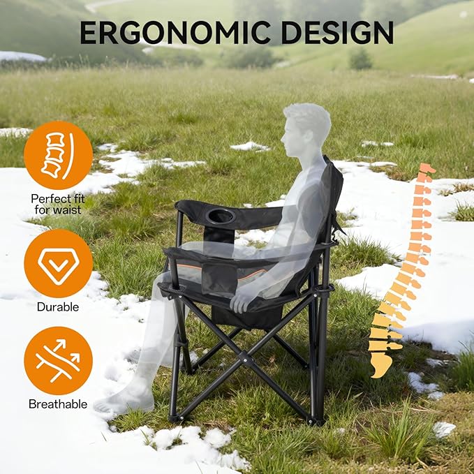 Heated Camping Chairs, Foldable Camping Chairs with 2 Cup Holders for Outdoor Sports,Folding Chair with 3 Heating Level for Back and Seat, Supports 300Lbs, Battery Not Include, Black & Grey