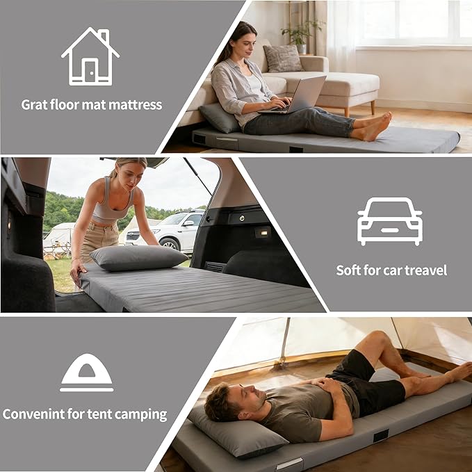 3 Inch Memory Foam Camping Mattress Pad, Dual Layer Thick Sleeping Camp Mat for Sleepover Car Tent, Portable Roll Up Mattress for Adults with Travel Bag