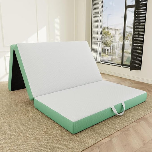 Memory Foam Trifold Mattress, Twin Portable Floor Bed 4 Inch, Foldable Mat with Washable Cover, Handle & Non-Slip Bottom, for RV, Travel, Camping, Yoga, 75"x38"x4", White Green