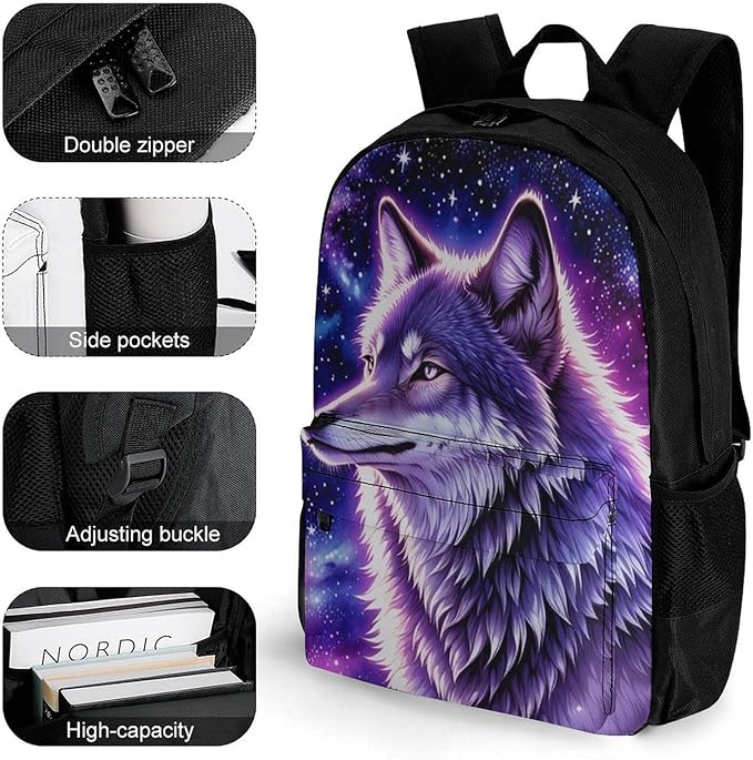 Men Women Lightweight Blue Universe Galaxy Magic Wolf In The Space Backpack Large Capacity Bookbag With Smooth Zippers for Gym Business Running
