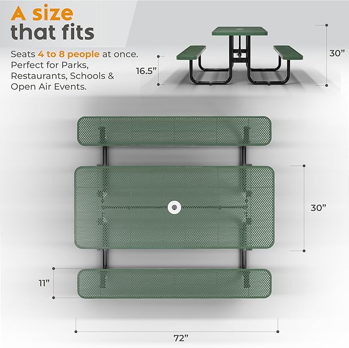Metal Picnic Furniture for Outdoors with Umbrella Hole - Coated Steel Heavy Duty Commercial Grade Table with Adjustable Seats, Patio Set for a Lifetime (Green, 6' Rectangular, Punched Steel)