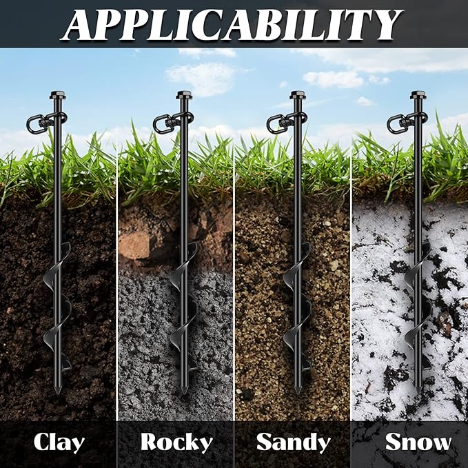 6 Pack Ground Anchor Heavy Duty Earth Anchors with T Handle Hex Wrench & Power Nut Driver, Metal Stakes Ground Anchors Screw in for Swing, Trampoline, Tents, Securing Animals