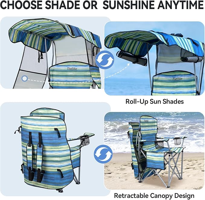 Folding Camping Chair with Reinforced Shade Canopy Comfortable Wide Seat with Cup Holder and Side Pocket Portable Outdoor Chair for Beach Fishing Sports Lawn Supports 350 LBS (2 Pack)