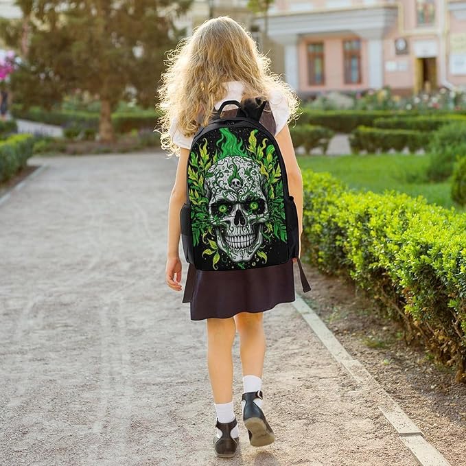 Lightweight Rucksack for Sports Travel Running, Big Capacity Multipurpose Anti-Theft Bookbag, Skull Marijuanaweed Leaf Green Black Travel and Sport Backpack Rucksack