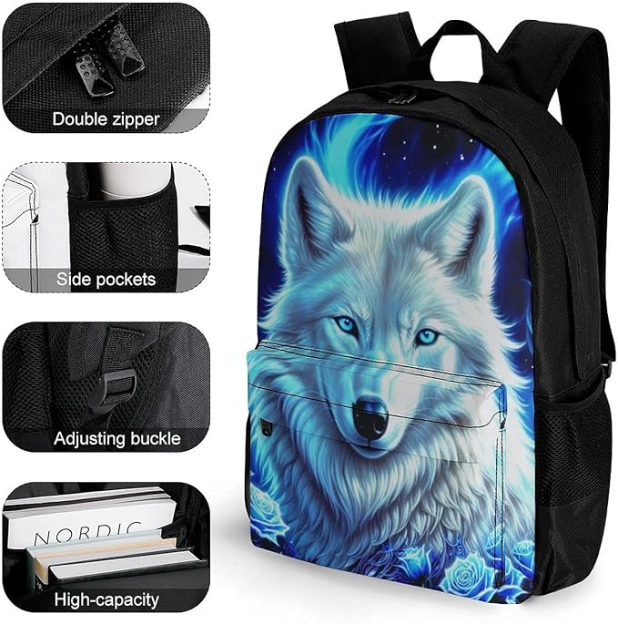 Polyester Daypack Bookbag for Gym Business Bicycle, Large Capacity Multipurpose Anti-Theft Carry On Bag, White Galaxy Wolf With Blue Rose Travel Hiking Daypack