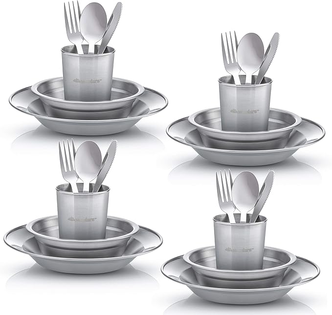 Wealers Unique Complete Messware Kit Polished Stainless Steel Dishes Set| Tableware| Dinnerware| Camping| Buffet| Includes - Cups | Plates| Bowls| Cutlery| Comes in Mesh Bags (4 Person Set)