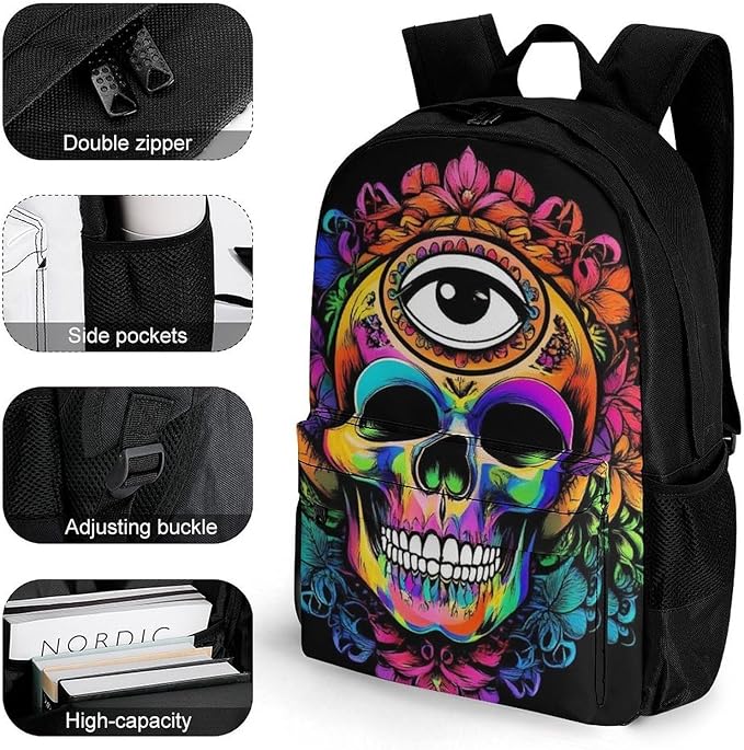 Men Women Lightweight Skull Head Lotus Art Backpack Large Capacity Bookbag With Smooth Zippers for Gym Business Running