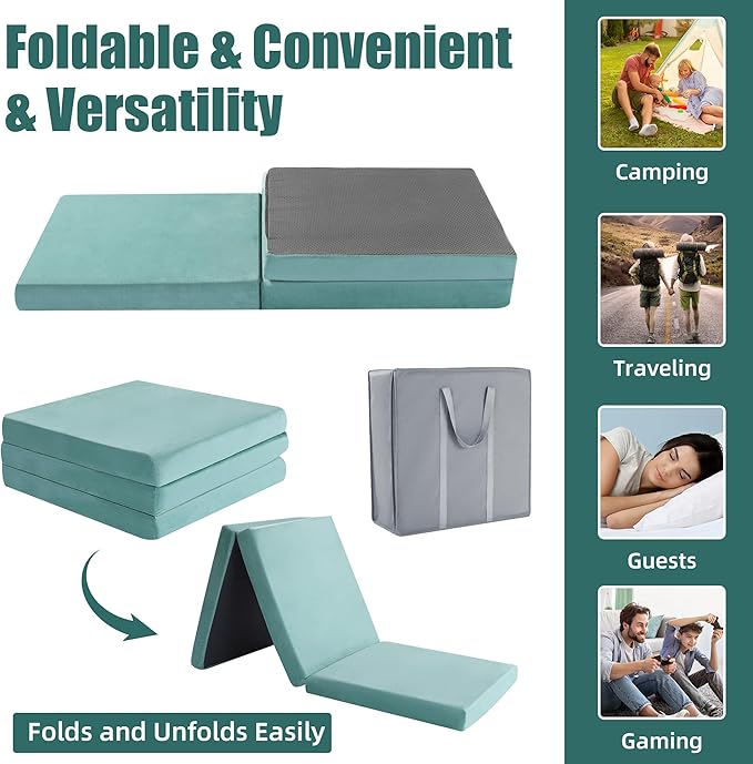 HOMBYS Tri Folding Memory Foam Camping Mattress for Outdoor Sleeping, Portable Waterproof Camping Pad Mat for Travel Truck Bed Tent