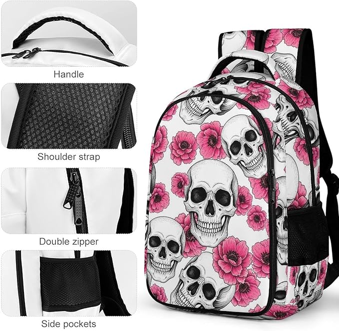 Lightweight Travel Daypack Pink Flowers Sugar Skulls, Cute Laptop Backpack with Tumbler Holder for Women Nurse Teacher Work Hiking