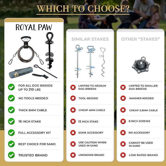 ROYAL PAW Dog Tie Out Cable and Stake 20ft - for Large Dogs up to 300 lbs - Heavy Duty Tether and Dog Stake for Yard, Beach & Camping Outside (Black, L/XL - 20ft)