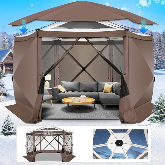 COBIZI Pop Up Gazebo Screen Tent Screen House for Camping, 12x12 Screen Room with Mosquito Netting, Hub Tent Instant Screened Canopy with Carrying Bag and Ground Stakes, Brown