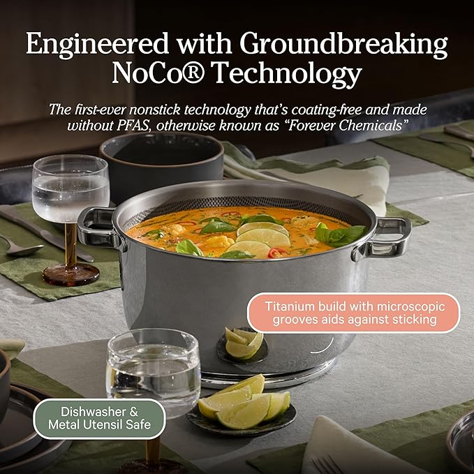 Our Place Titanium Perfect Pot Pro - 6.75 Qt No-Coating Nonstick Stock Pot | Tri-Ply Titanium & Stainless Steel | Oven-Safe up to 1000°F & Compatible with All Cooktops | Includes Spoon | Chrome