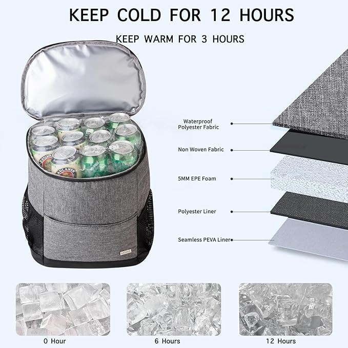 Insulated Cooler Backpack Outdoor - Leak Proof Backpack Cooler 30 Cans, Waterproof Lightweight Cooler Bag for 12h Hot/Cold Retention - Soft Cooler for Travel, Camping, Beach, Lunch