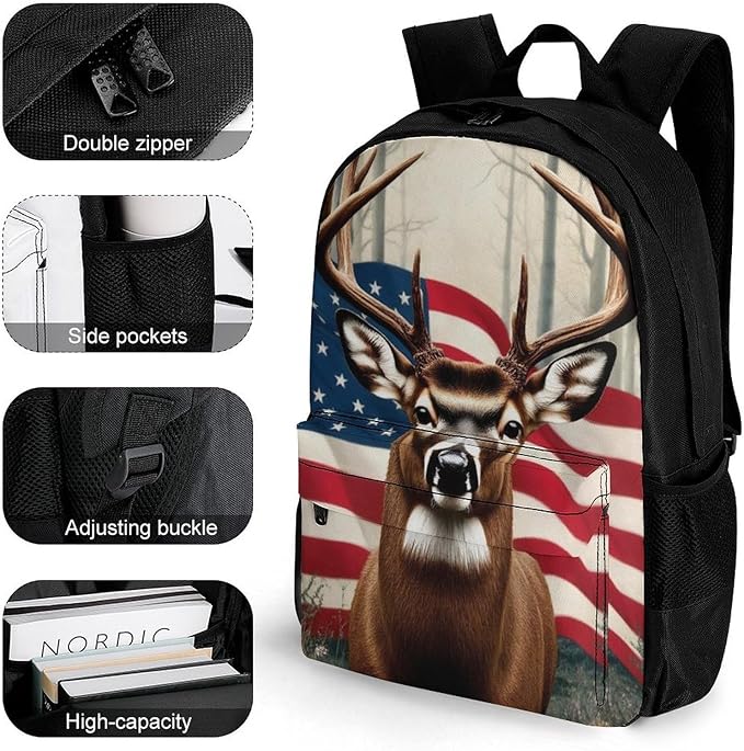 Supdreamc Lightweight Daypack for Camping Business Walking Cycling, Large Capacity Anti-Theft Multipurpose Bookbag, American Flag Hunting Camo Tree Deer Gym Outdoor Hiking Backpack