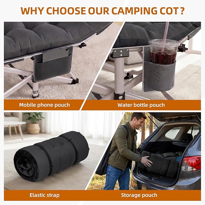 Folding Camping Cots for Adults 2 Pack - Heavy Duty Sleeping Cots 800LBS Capacity with Carrying Bag, Portable Foldable Cot for Outdoor Camping, Guest Sleep, Beach, Office Nap（Black Pad & Gray Pad）