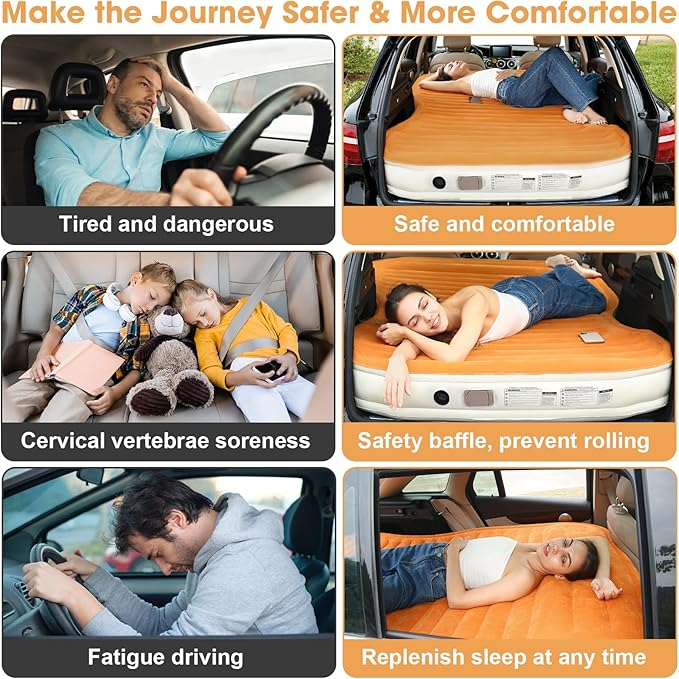 KMZ SUV Air Mattress with Built-in Pump & 2 Pillows, Thickened Flocked PVC, Quick 90-Seconds Inflation Air Bed, Portable & Durable Car Air Bed for Camping, Travel, Truck
