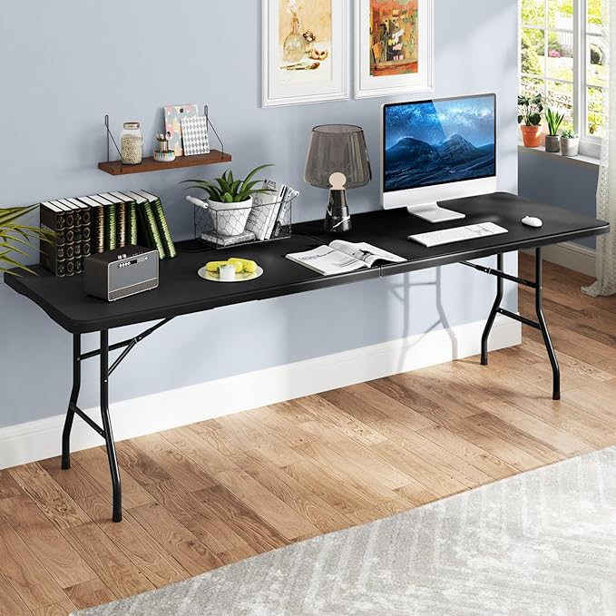 Folding Table, HDPE Portable Table with 8 ft Long Tabletop, Metal Frame Picnic Camping Table with Safe Lock, Collapsible Dining Table for Camping, Picnic, Party (Black, 8 FT)